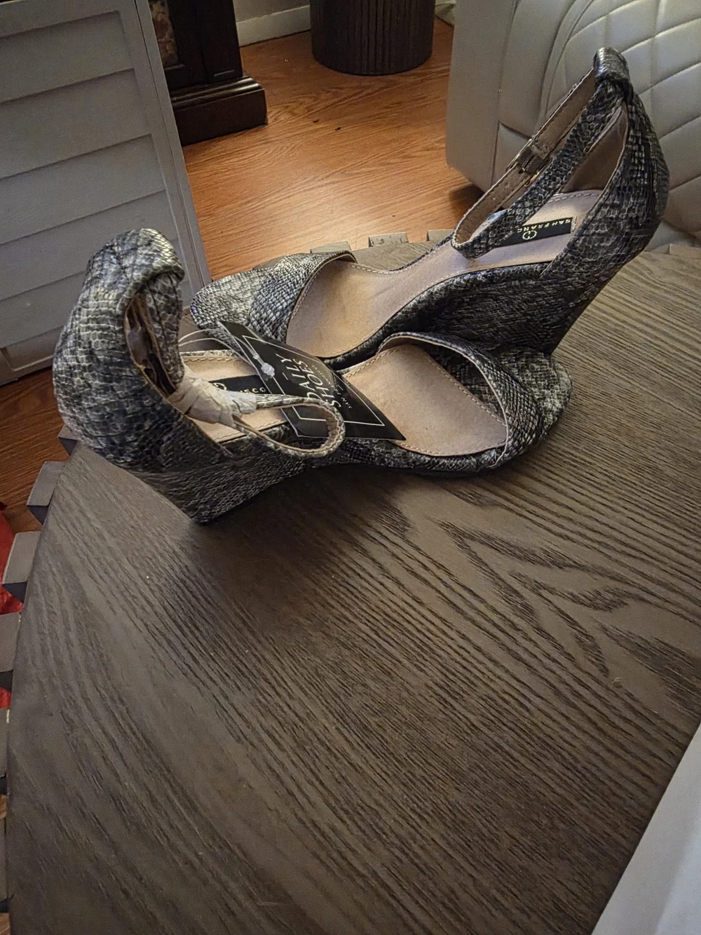 Women's Snake-Print Ankle Strap Sandals in Gray